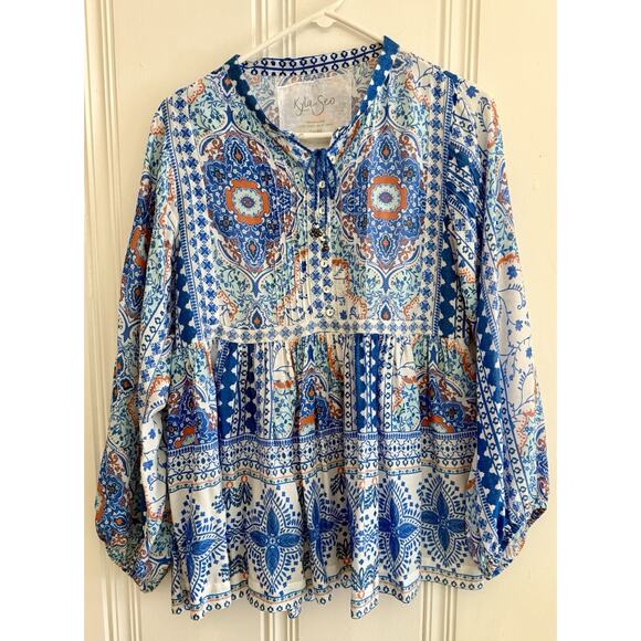 Kyla Seo Small S Blue Orange Floaty Boho Chic Artisan Rayon Bell Tassels Hippie - Picture 1 of 10